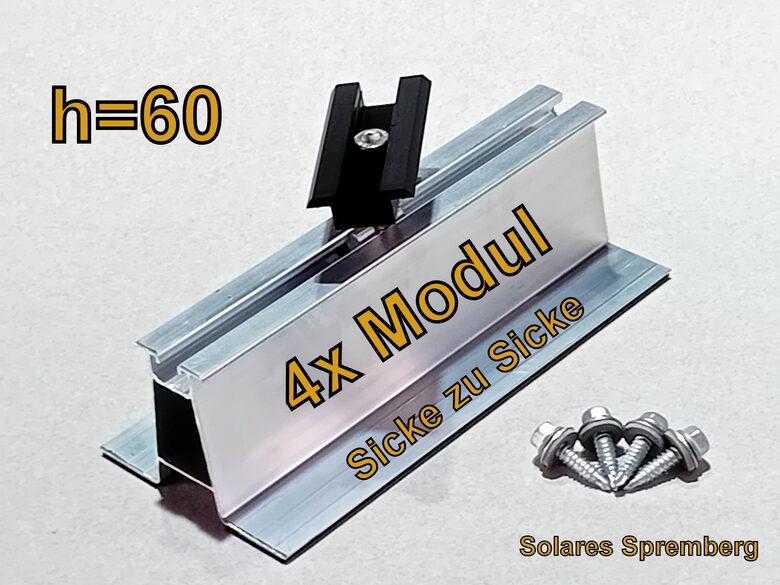 Komplettlösung für 4x PV-Modul auf Trapezblechdach vertikal / hochkant/ Sicke zu Sicke / Kurzschiene H=60mm B=90mm L=200-330mm